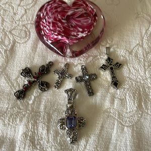 Five Cross Pendants Pretty Patterns Silver Tone